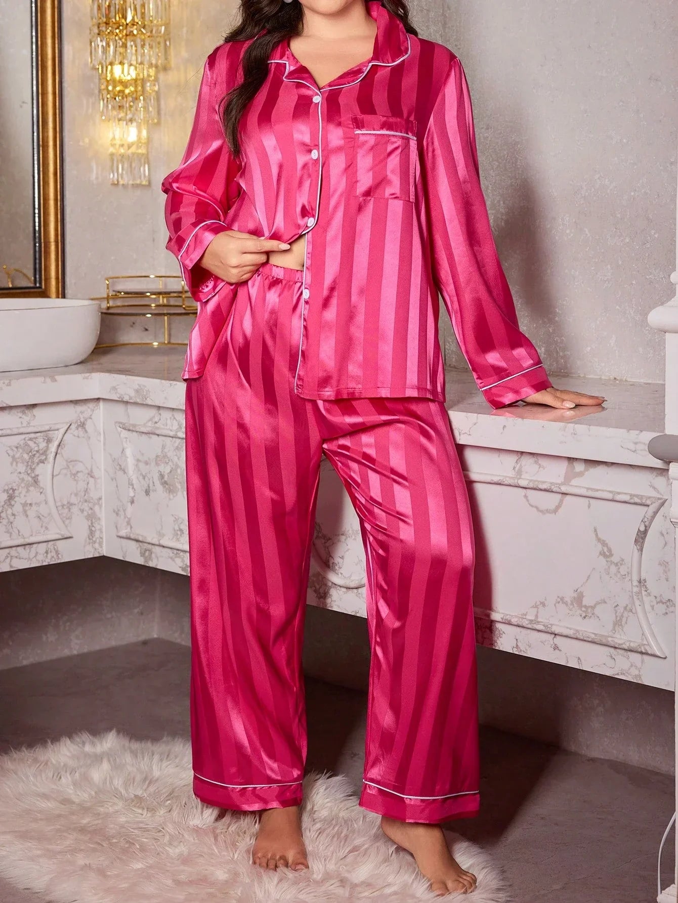 Pijama Plus Size Elegante Listrado Manga Comprida e Calça