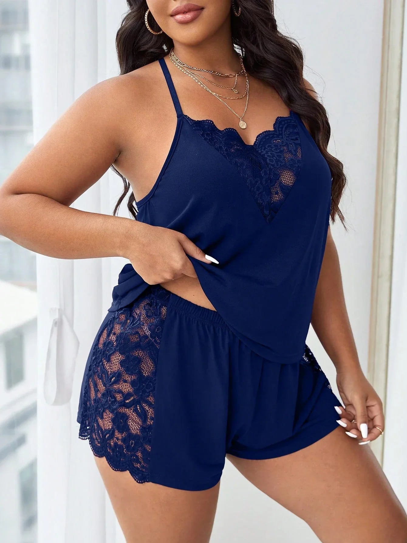 Pijama Plus Size de Malha com Renda Short e Regata